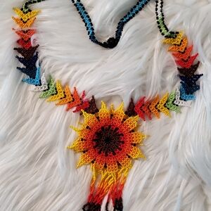 Huicho Glass Beaded Sunflower Necklace. Handcrafted With Mostacilla Czech Seed B